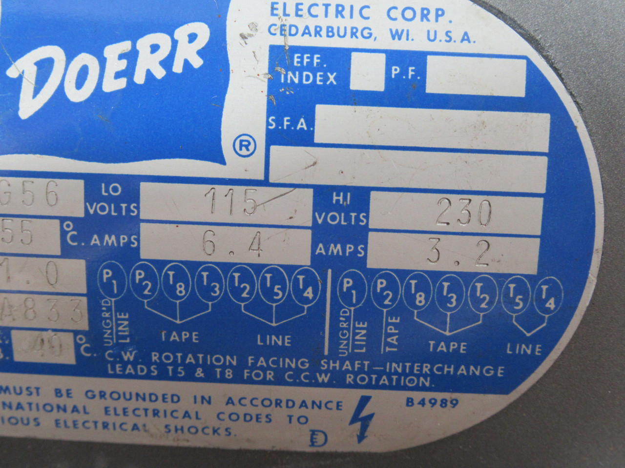 Doerr 1/3HP 1725RPM 115-230V G56 1ph 6.4-3.2A 60Hz *DENTED FRAME* USED