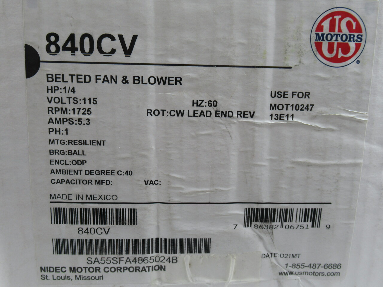 US Motors 840CV Motor 1/4HP 1725RPM 115V ODP 1PH 5.3A 60Hz *Sealed* NEW