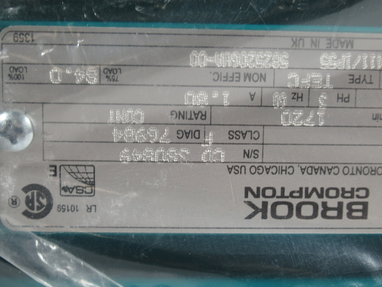 Brook Crompton 1.5HP 1720RPM 575V W-DA145T-K TEFC 3ph 1.8A 60Hz NEW