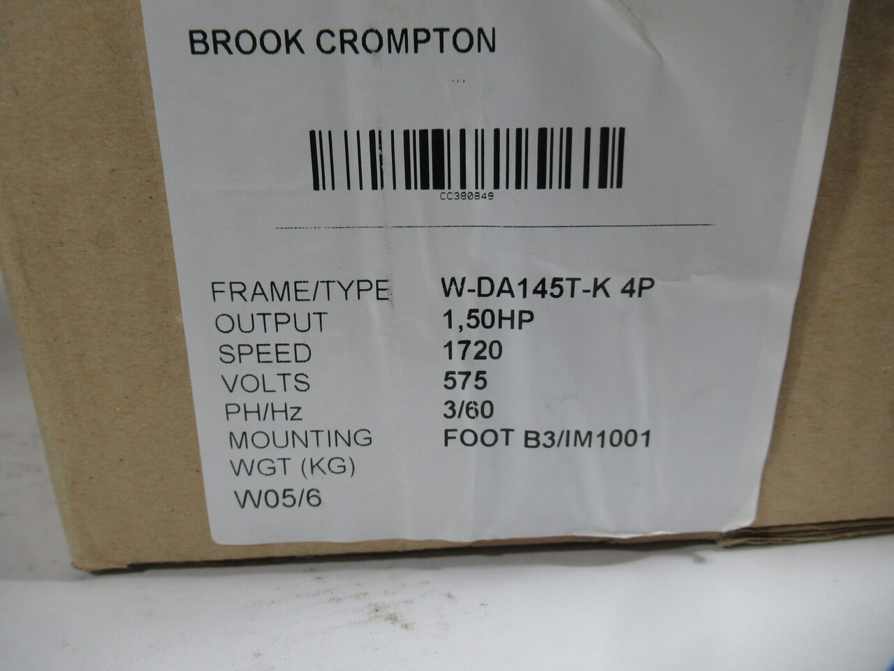 Brook Crompton 1.5HP 1720RPM 575V W-DA145T-K TEFC 3ph 1.8A 60Hz NEW