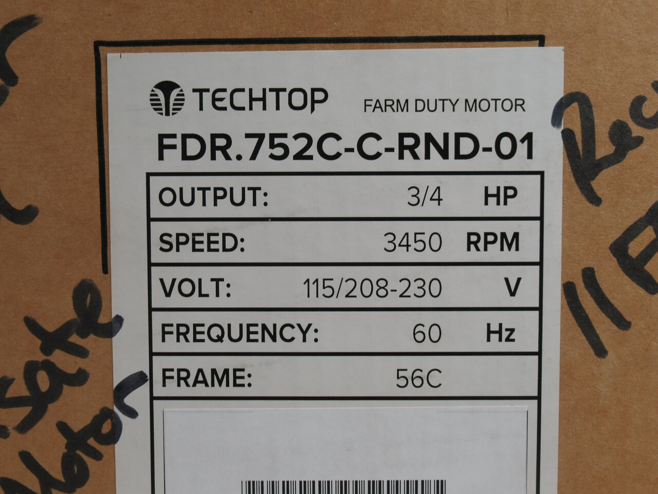 Techtop 3/4HP 3450RPM 115/208-230V 56C TEFC 60Hz NEW