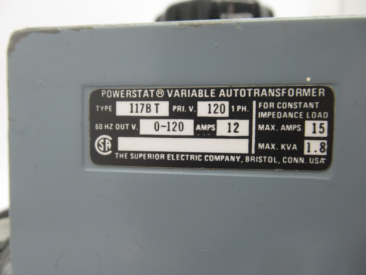 Superior Electric 117BT Powerstat Autotransformer 120V 12Amp 1Ph 60Hz USED