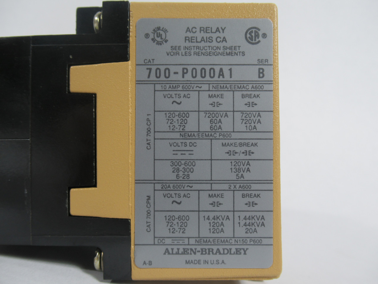 Allen-Bradley 700-P000A1 AC Control Relay 115-120V/60Hz 110V/50Hz 10A 600VAC NEW