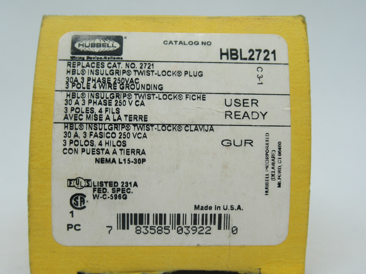 Hubbell HBL2721 Insulgrip Twist Lock Plug 30A 3Phase 250VAC 3Pole NEW