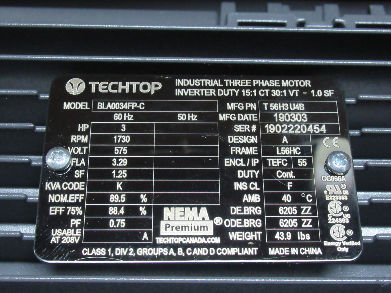 Techtop 3HP 1730RPM 575V L56HC TEFC 3ph 3.29A 60Hz NEW