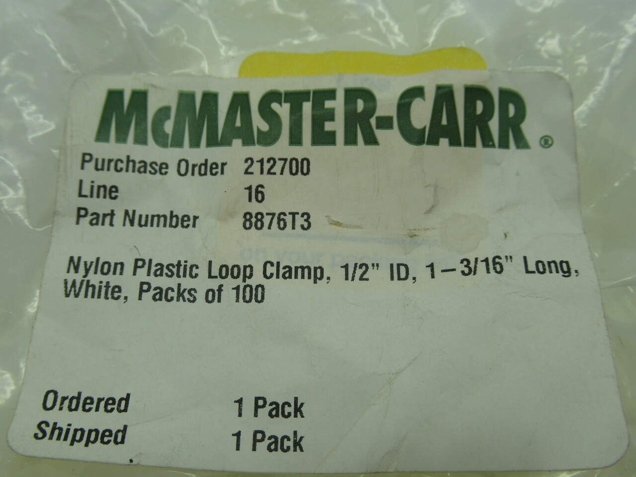 McMaster 8876T3 Plastic Loop Clamp 1/2" ID *Lot of 100/Damaged Bag* NWB