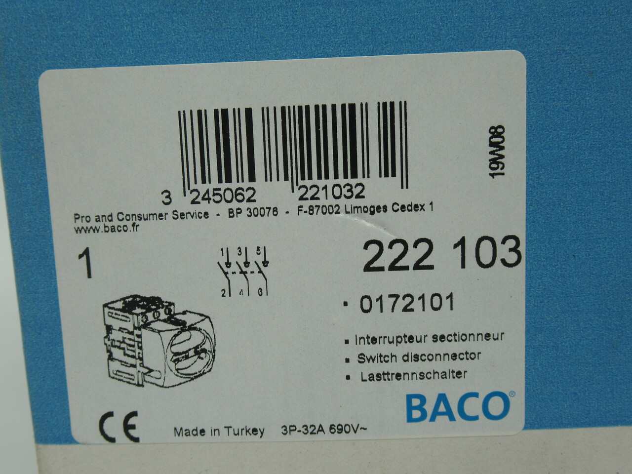 Baco 222-103 Disconnector Switch 32Amp 3 Pole 600V Red/Yellow 0172101 NEW