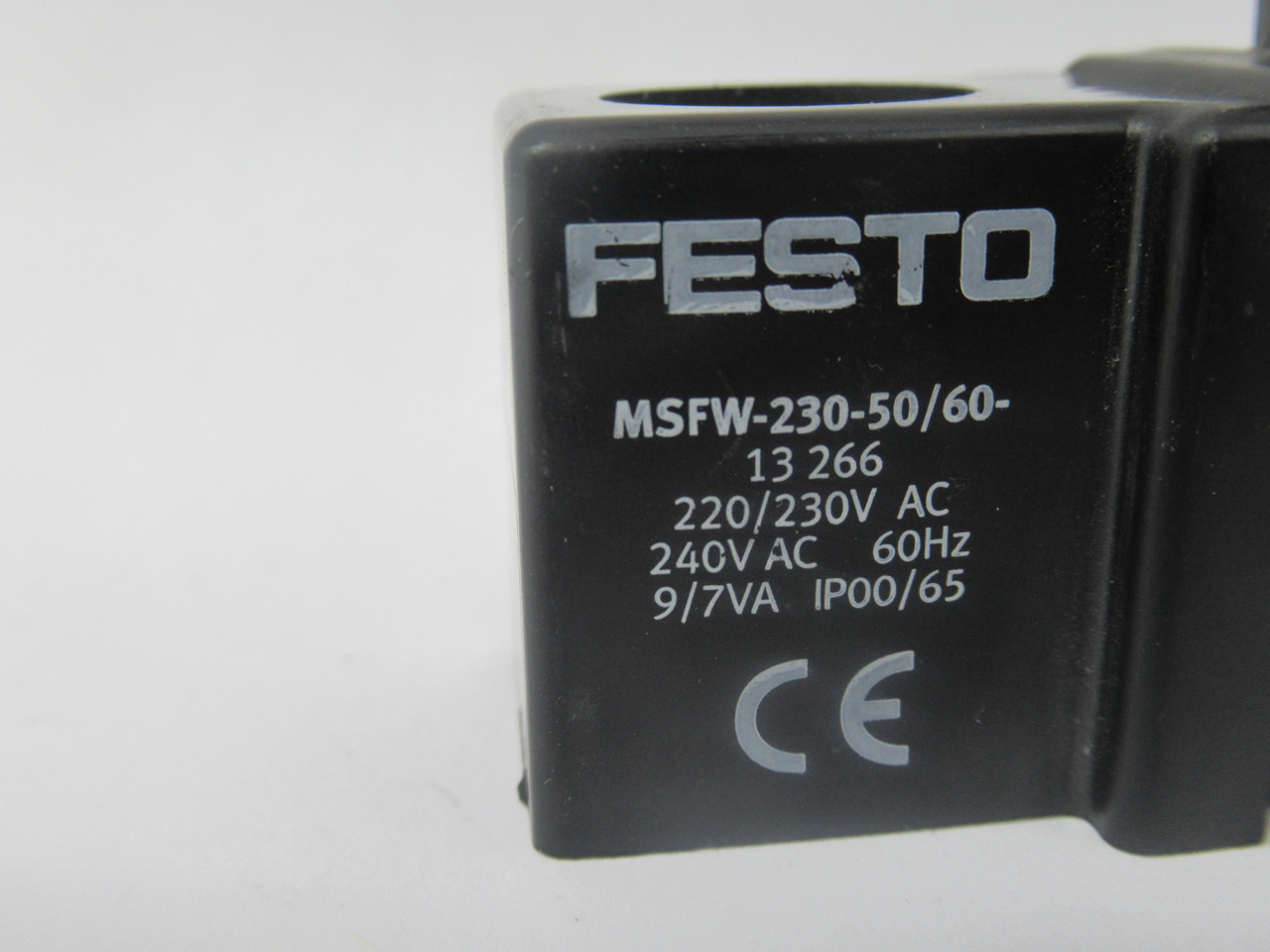Festo 13266 MSFW-230-50/60 Solenoid Coil & Connector 220/230VAC 240VAC 60Hz USED