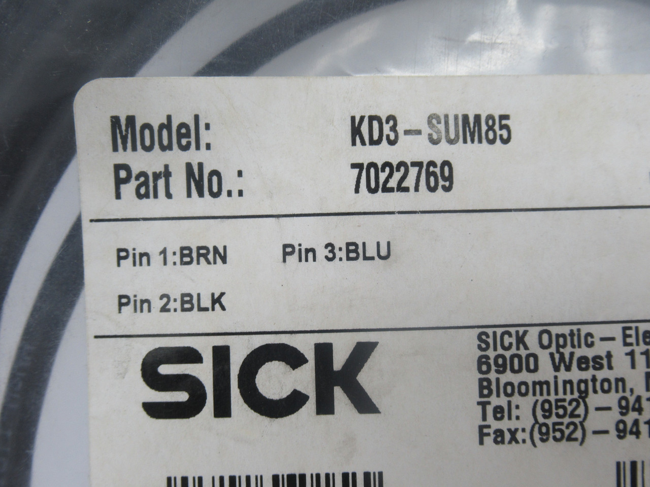 Sick 7022769 KD3-SUM85 Molded Cordset M8 3 Pin *Damage to Bag* NWB