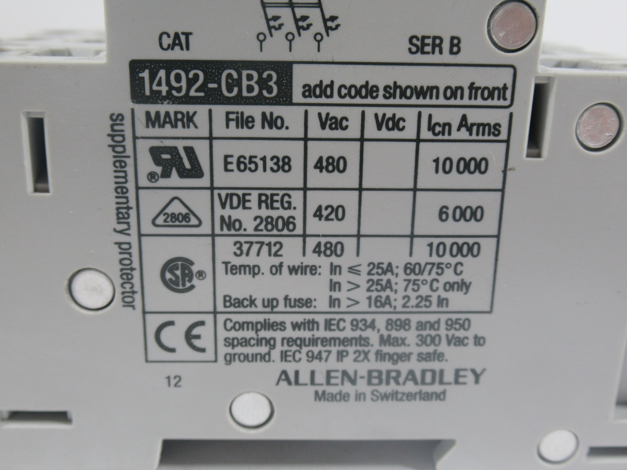 Allen-Bradley 1492-CB3-G300 Circuit Breaker Ser.B 30A 480VAC 3-Pole USED
