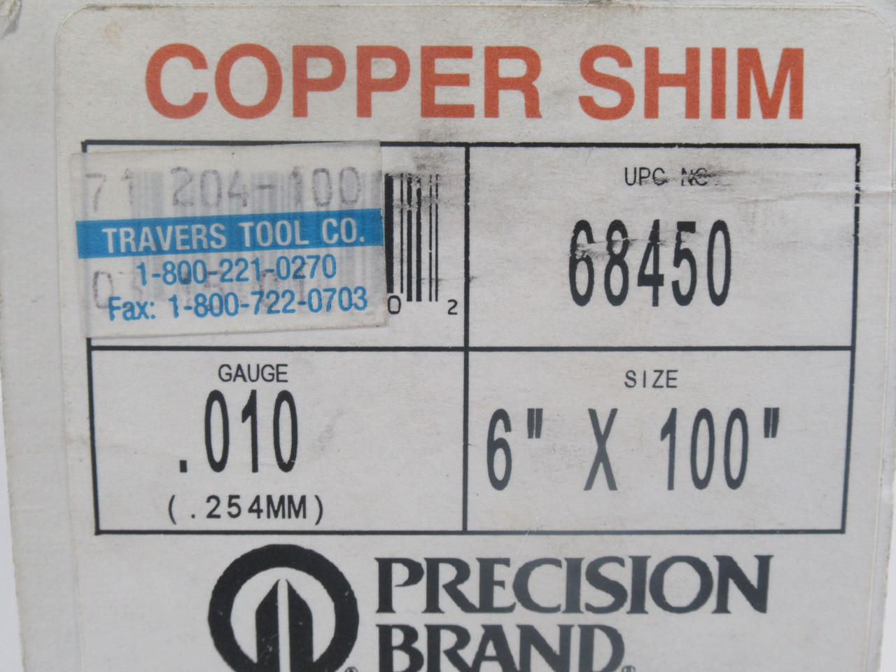 Precision Brand 68450 Copper Shim 6" W x 100" L x 0.010" T *PORTIONS CUT* NEW