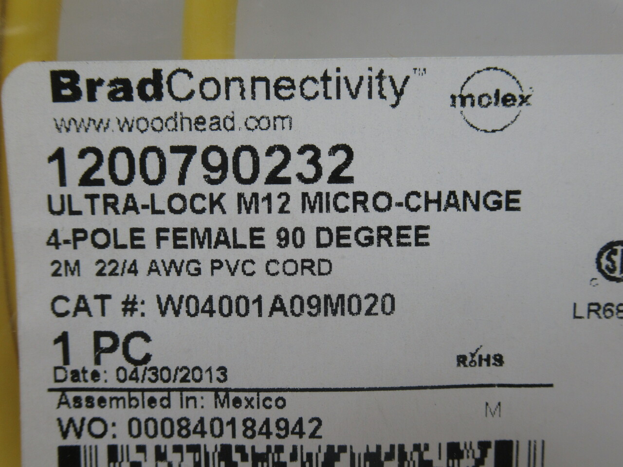 Brad Harrison 1200790232 W04001A09M020 90DEG Female Cordset 4A 250V 4P 2m NWB