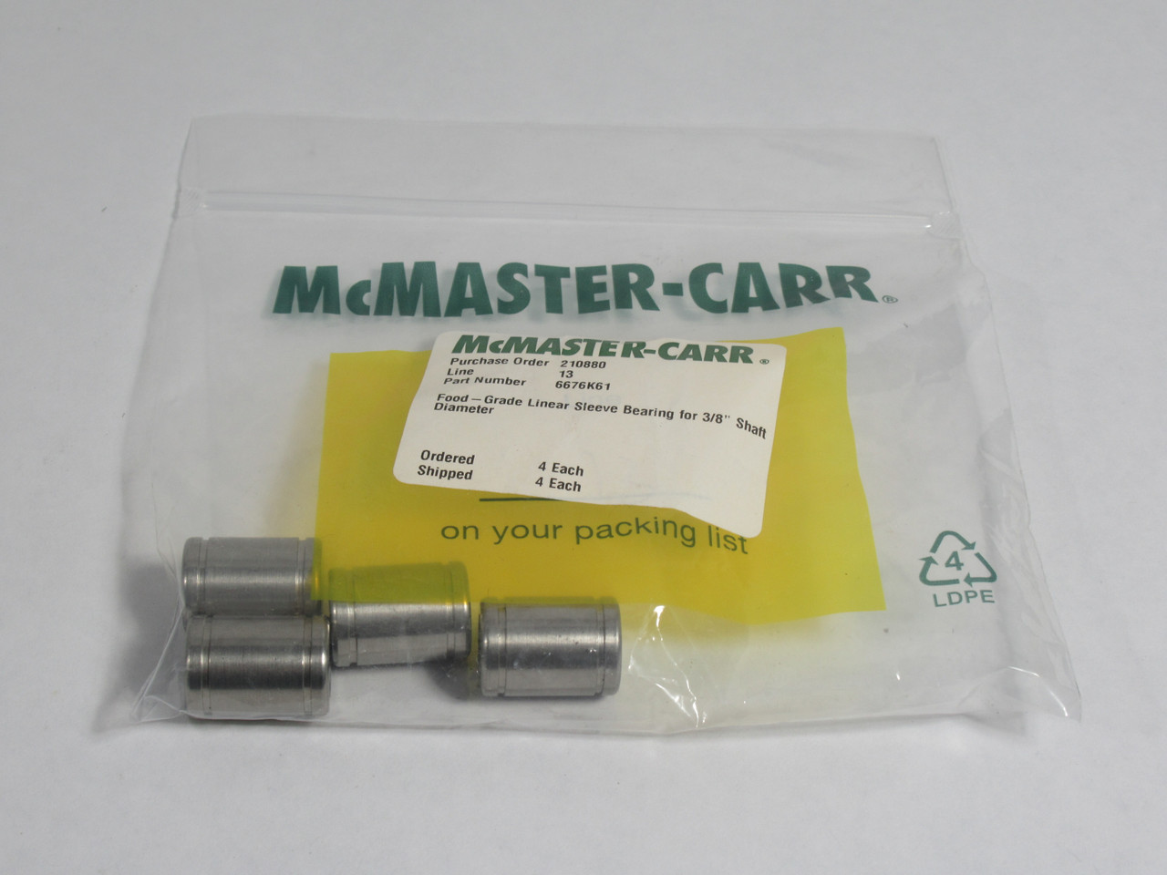 McMaster-Carr 6676K61 Linear Sleeve Bearing for 3/8" Shaft *LOT OF 4* NWB