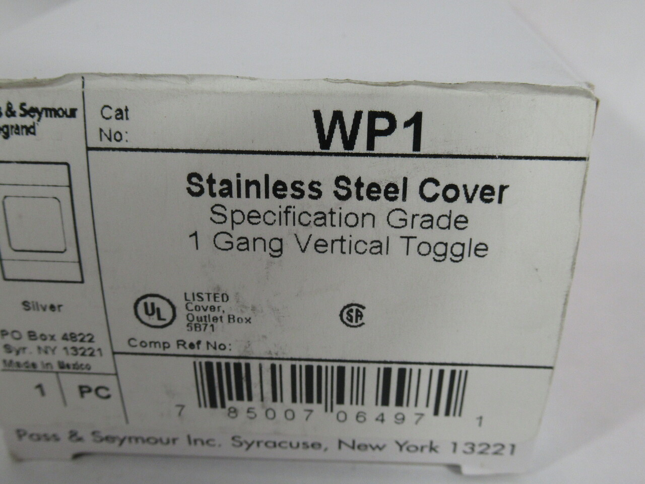 Pass & Seymour WP1 Stainless Steel 1 Gang Vertical Toggle Cover NEW