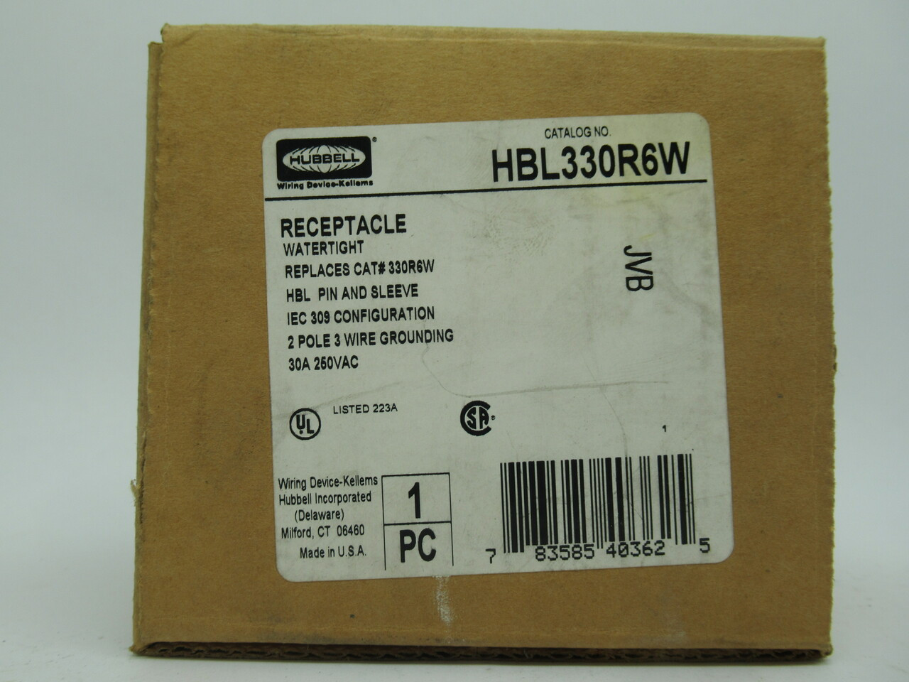 Hubbell HBL330R6W Watertight Receptacle 2Pole 3Wire 30A 250VAC NEW