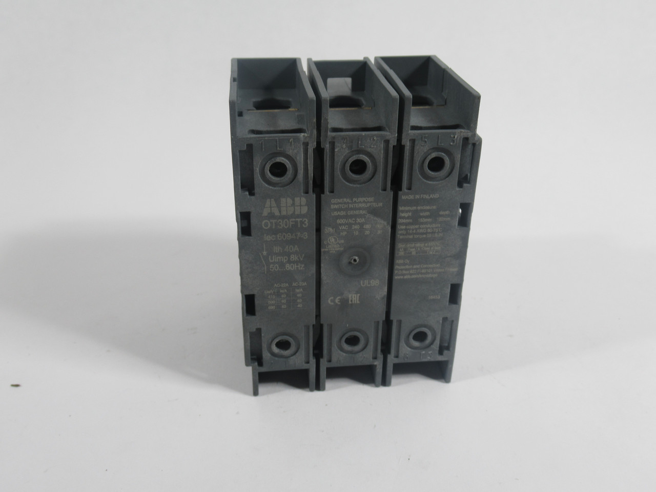 ABB OT30FT3 Disconnect Switch 3-Pole 40A 600VAC 50-60Hz USED