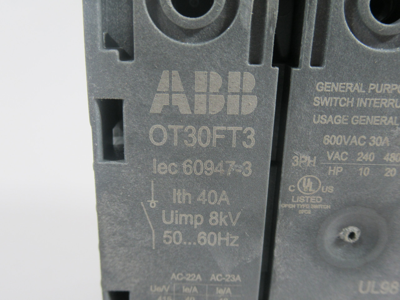 ABB OT30FT3 Disconnect Switch 3-Pole 40A 600VAC 50-60Hz USED
