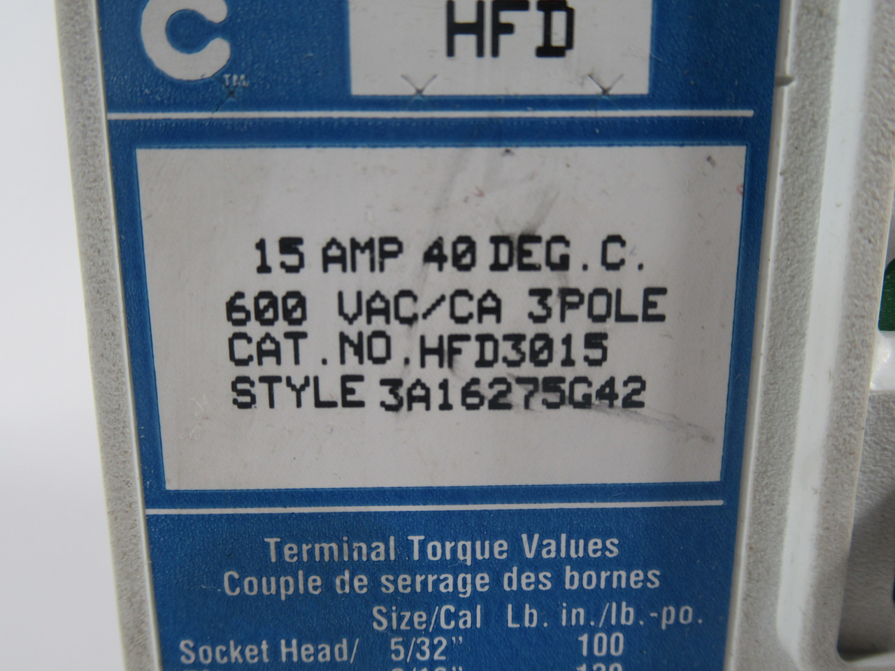 Cutler-Hammer HFD3015 Circuit Breaker Series C 15A 600VAC 3-Pole USED