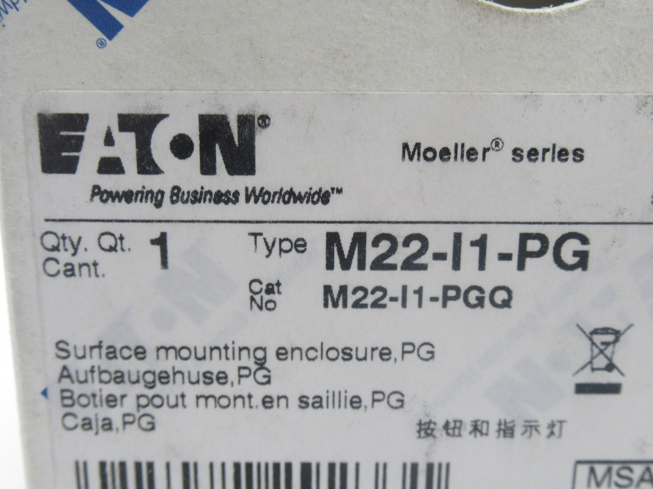 Eaton M22-I1-PG Surface Mounting Enclosure for Push Button M22-I1-PGQ NEW