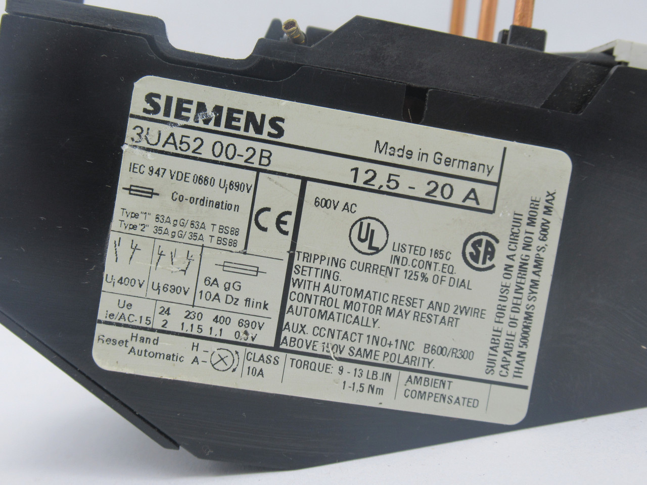 Siemens 3UA5200-2B Overload Relay 12.5-20A 600VAC SMALL CRACK USED