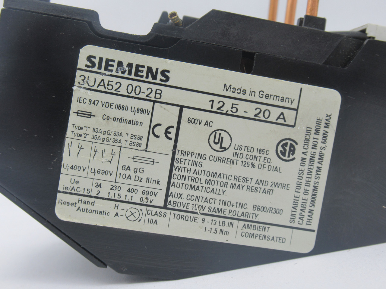 Siemens 3UA5200-2B Overload Relay 12.5-20A 600VAC USED