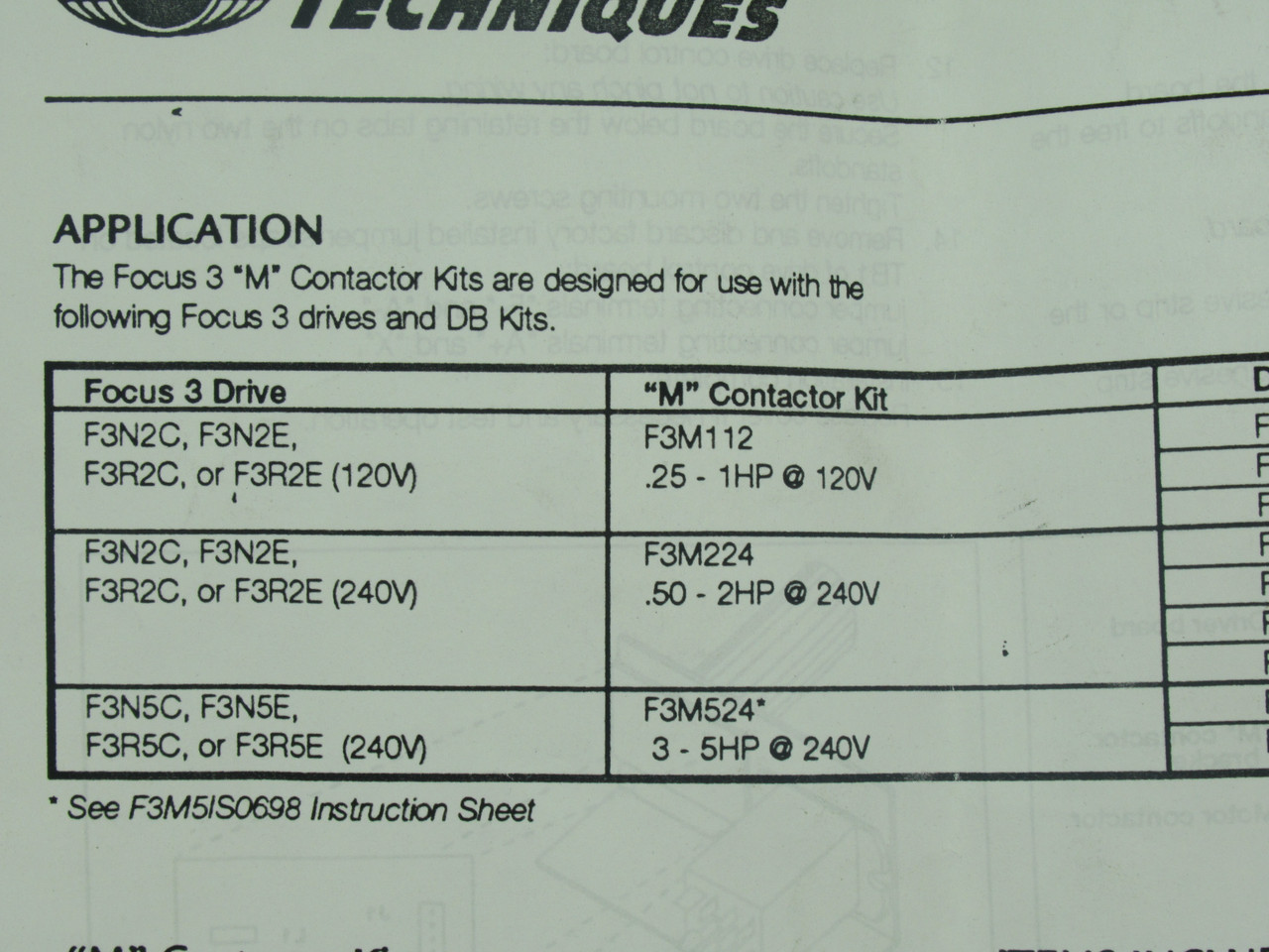 Control Techniques F3M224 "M" Contactor Kit For Focus 3 Drive .5-2HP @ 240V USED