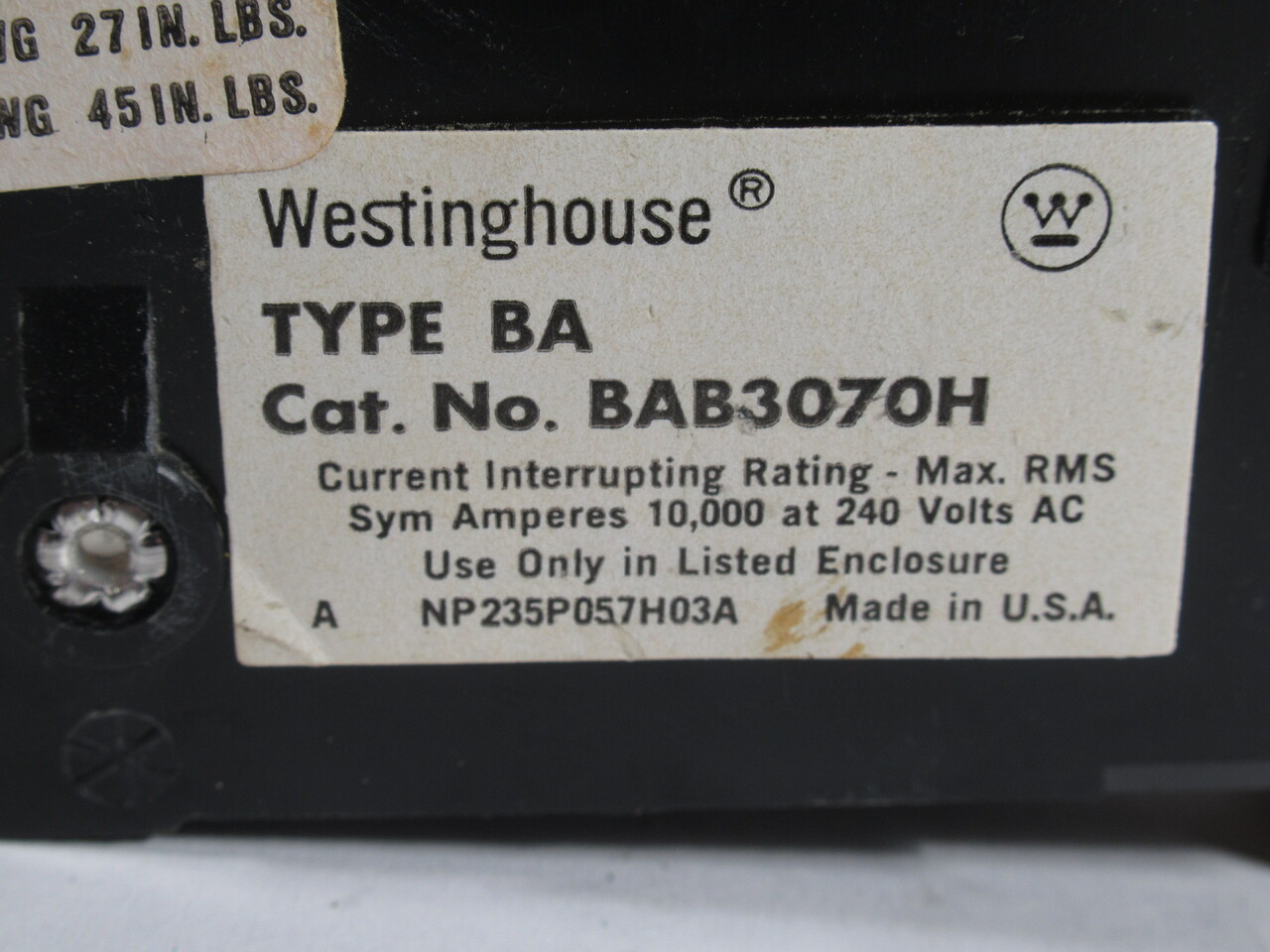 Westinghouse BAB3070H Circuit Breaker 70A 240VAC 3-Pole USED