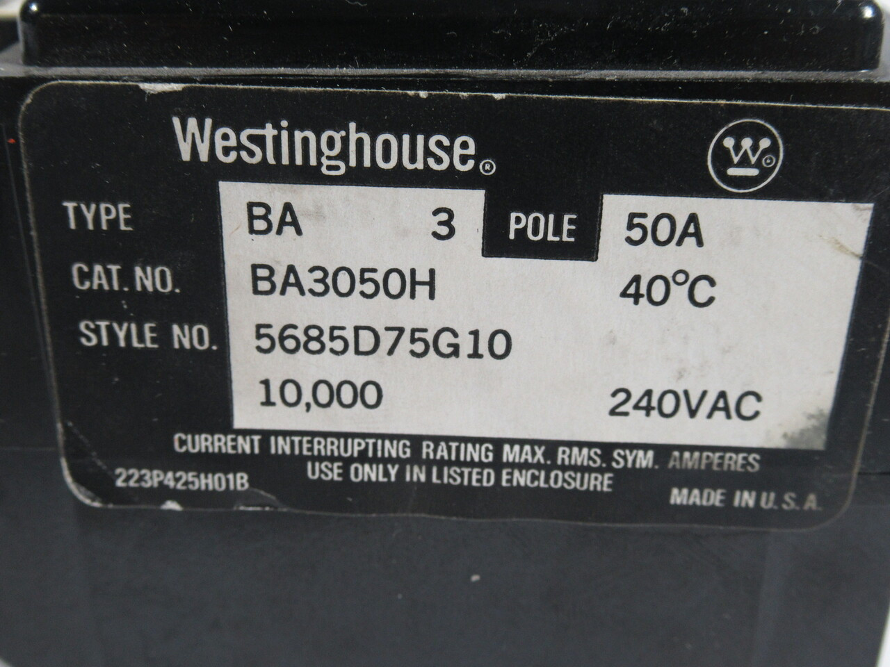 Westinghouse BA3050H Circuit Breaker 50A 240VAC 3-Pole USED