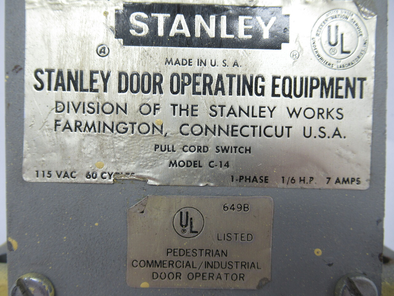 Stanley C-14 Pull Cord Switch 115VAC 60Hz 1Phase 1/6HP 7A USED