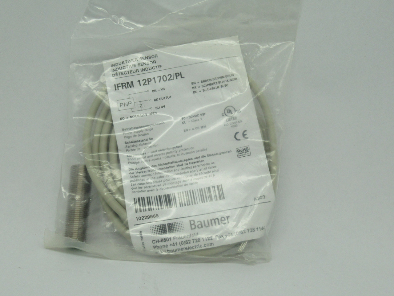 Baumer IFRM-12P1702/PL Inductive Proximity Sensor 10-30VDC 4mm PNP 2M Cable NWB