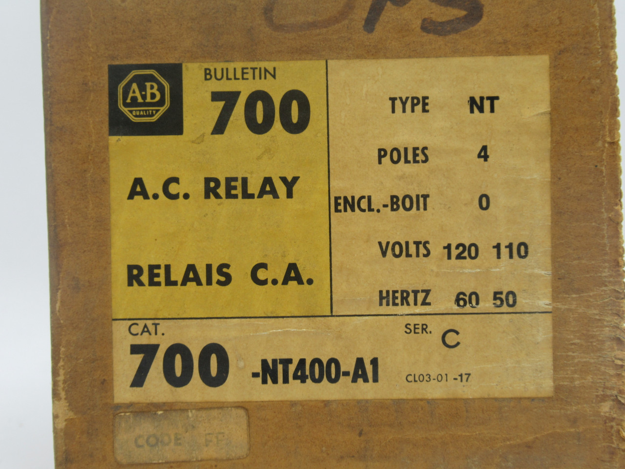 Allen-Bradley 700-NT400-A1 AC Relay Series C 110/120V 50/60Hz NEW