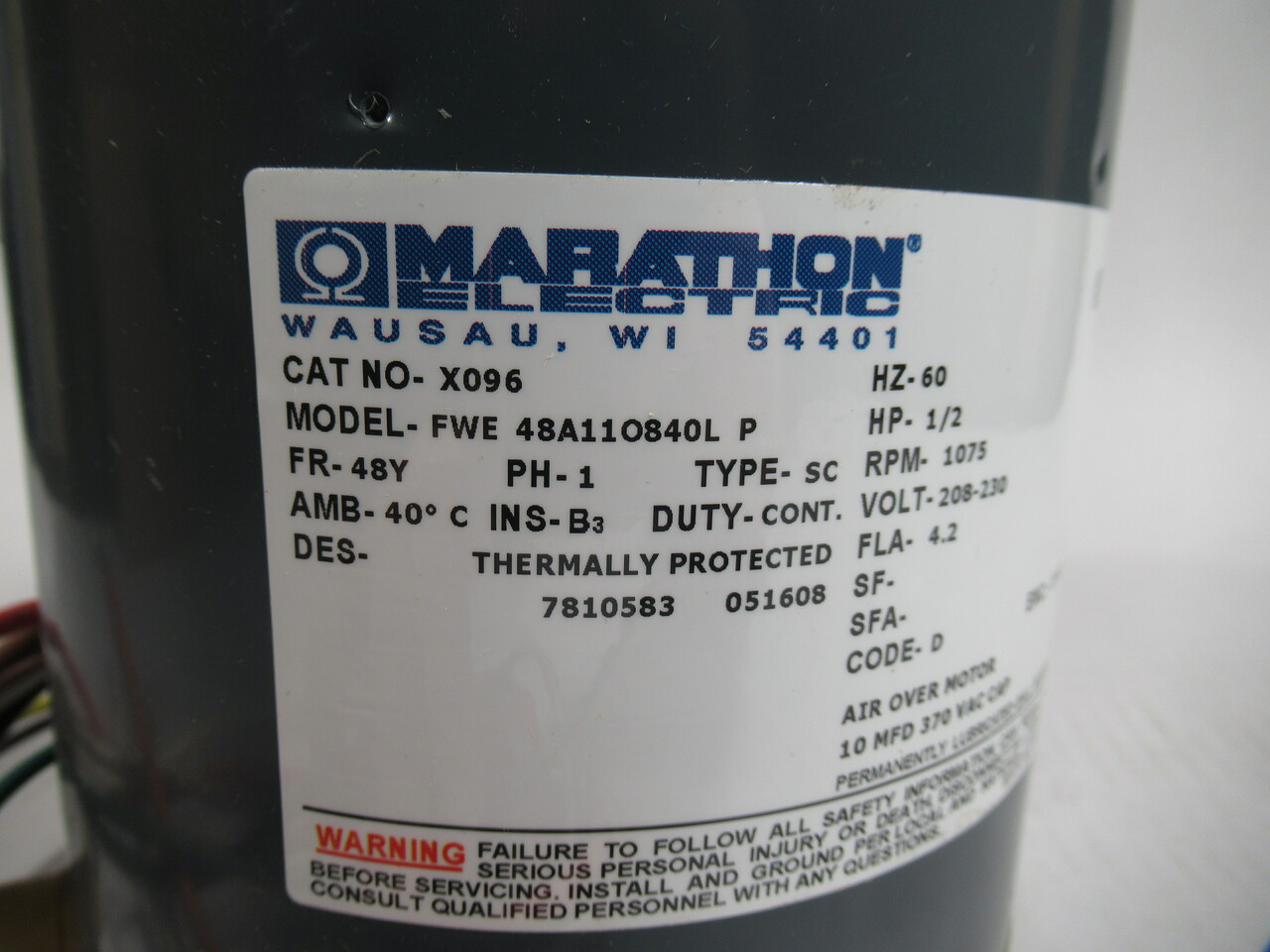 Marathon Electric 1/2HP 1075RPM 208-230V 48Y OAO 1Ph 4.2A 60Hz NEW