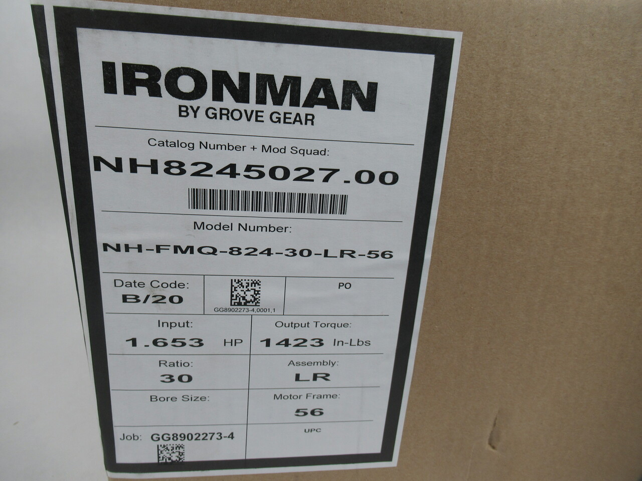 Grove Gear NH-FMQ-824-30-LR-56 Ironman Speed Reducer 1.653 HP 30 Ratio NEW