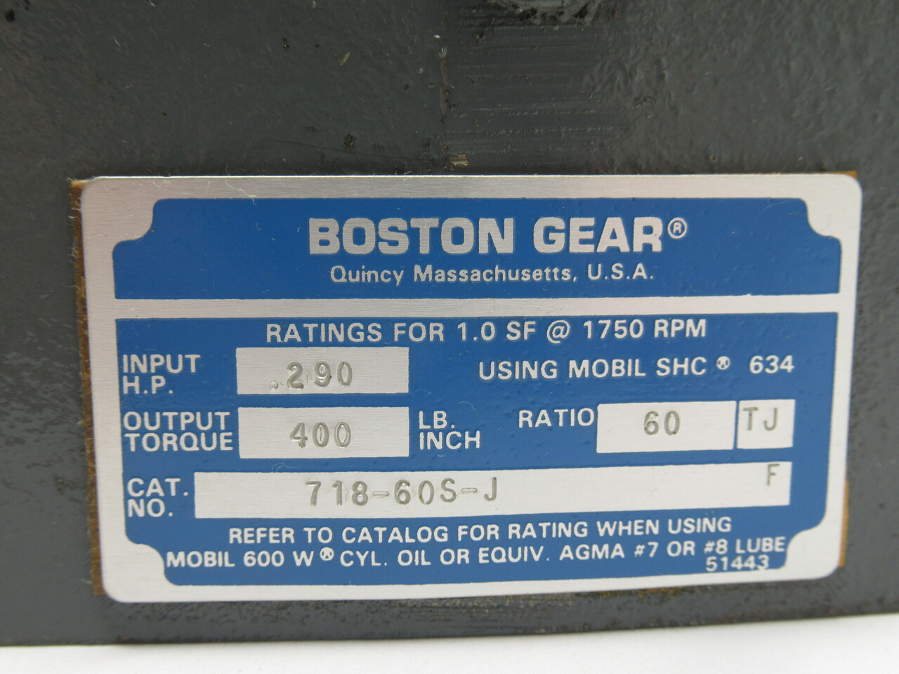 Boston Gear 718-60S-J Worm Gear Speed Reducer 1750 RPM .290Hp Ratio 60 USED