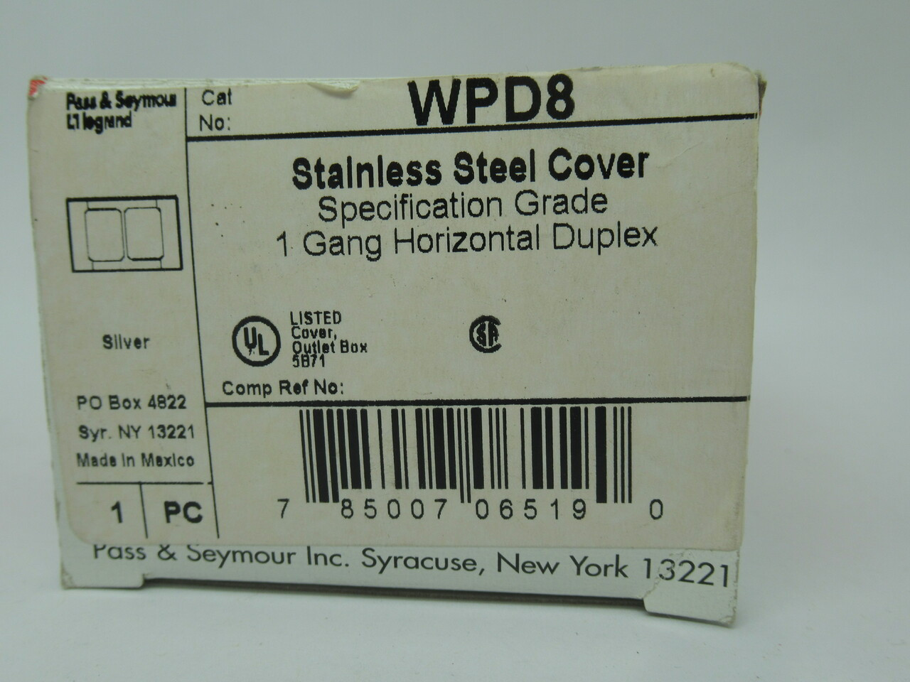 Pass & Seymour WPD8 Stainless Steel Cover 1 Gang *Missing Screw* NEW