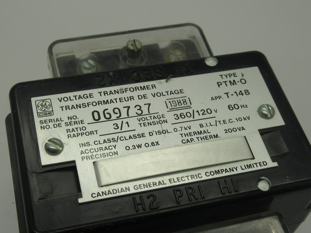 General Electric PTM-O Voltage Transformer 200VA 360-120V 60Hz 0.7kV 3:1 USED