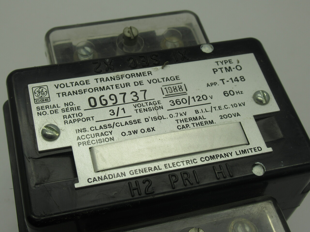 General Electric PTM-O Voltage Transformer 200VA 360-120V 60Hz 0.7kV 3:1 USED