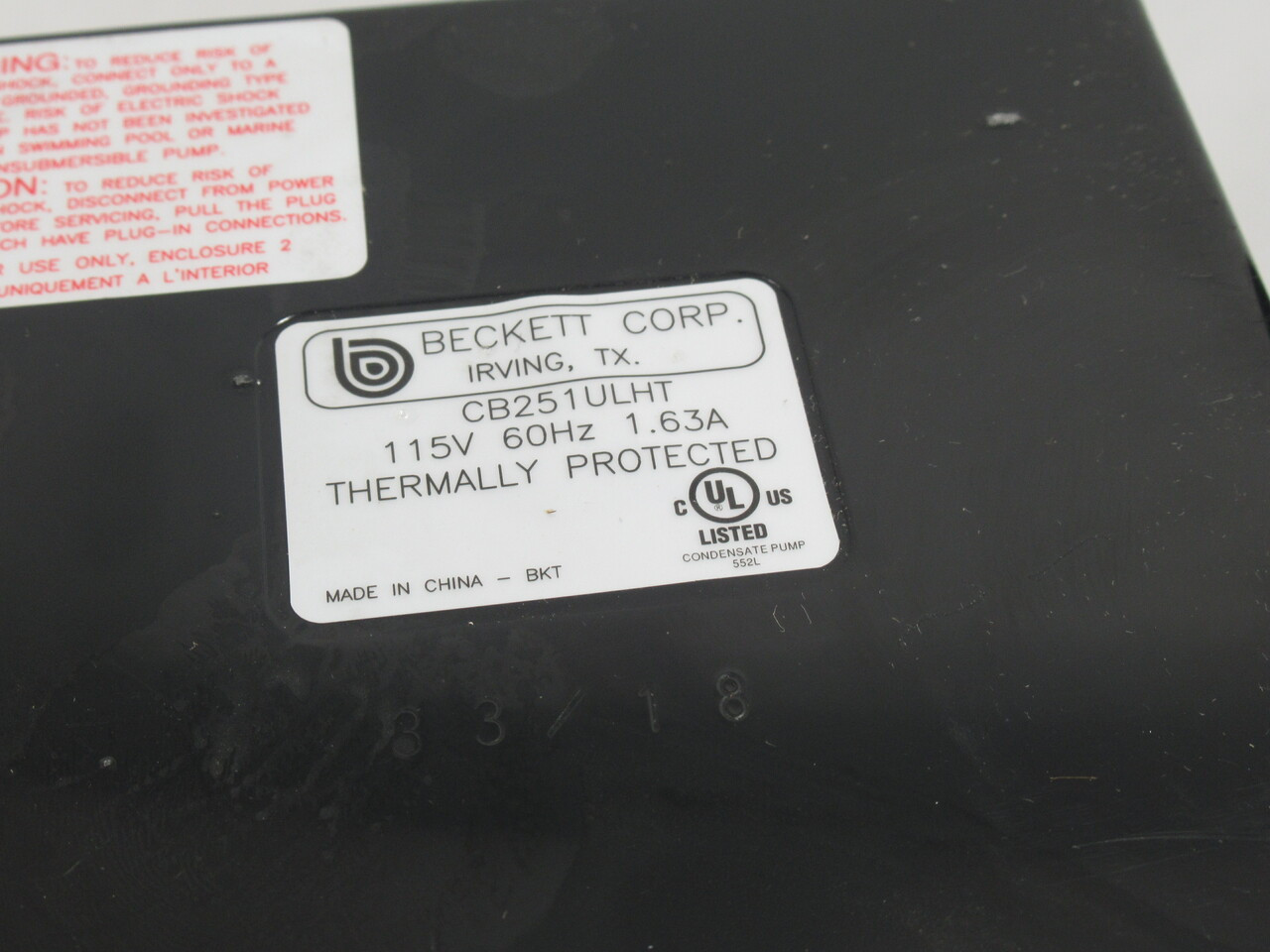 Beckett Corp CB251ULHT High Temp Condensate Pump C/W Jakel 115V 1.7A 60Hz USED