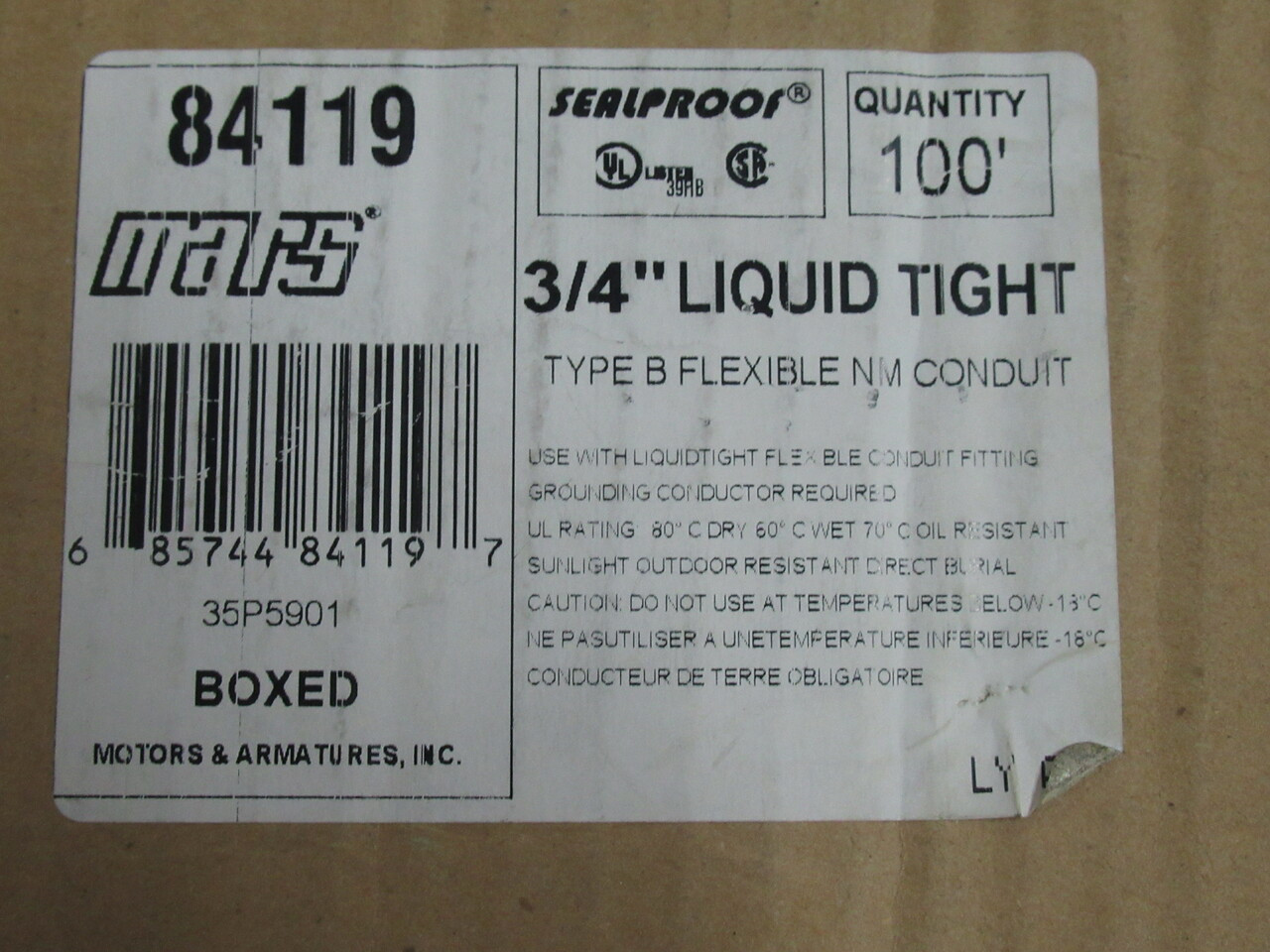 Mars 84119 3/4" Liquid Tight Type B Flexible NM Conduit 100' Length NEW