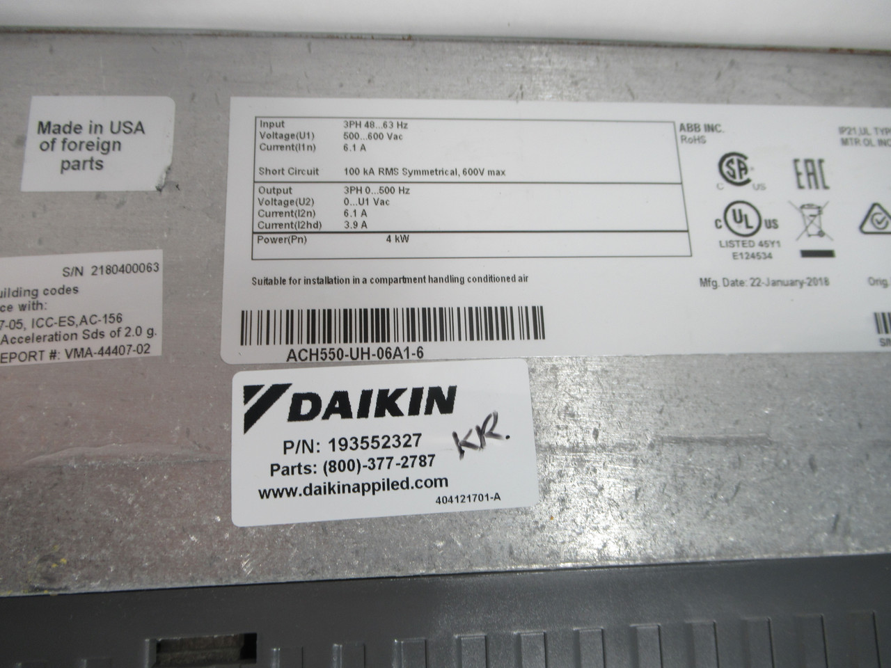 ABB Daikin ACH550-UH-06A1-6 Drive 4kW 3Ph 0-500/600V 6.1/3.9A 0-500Hz USED