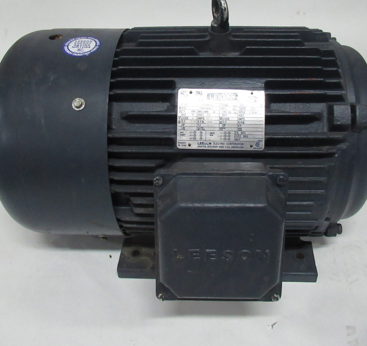 Leeson G150228.00 30HP 3540RPM 575V 286TS TEFC 3Ph 27.7A 60Hz USED