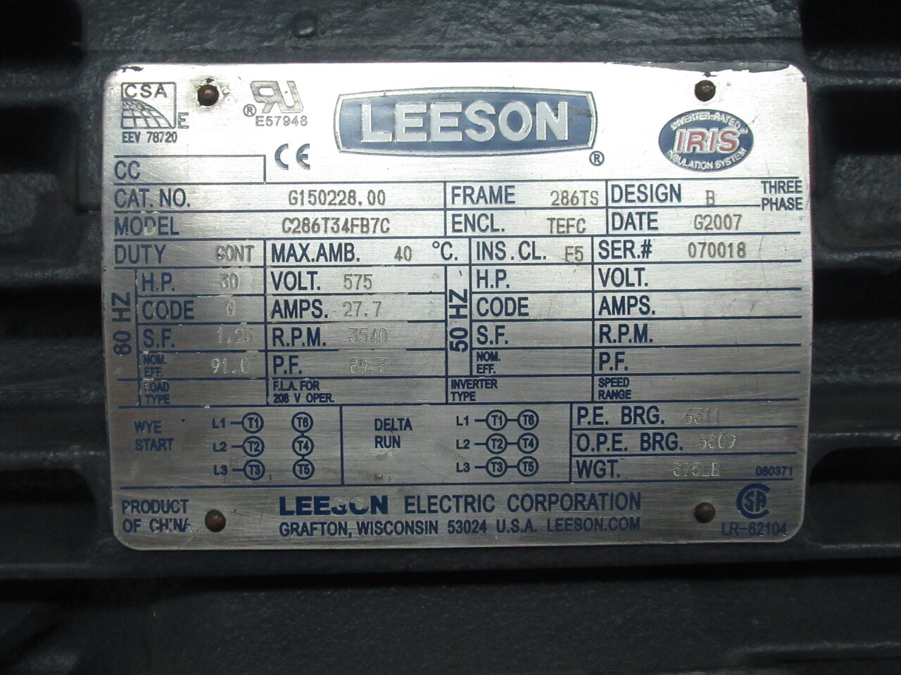 Leeson G150228.00 30HP 3540RPM 575V 286TS TEFC 3Ph 27.7A 60Hz USED