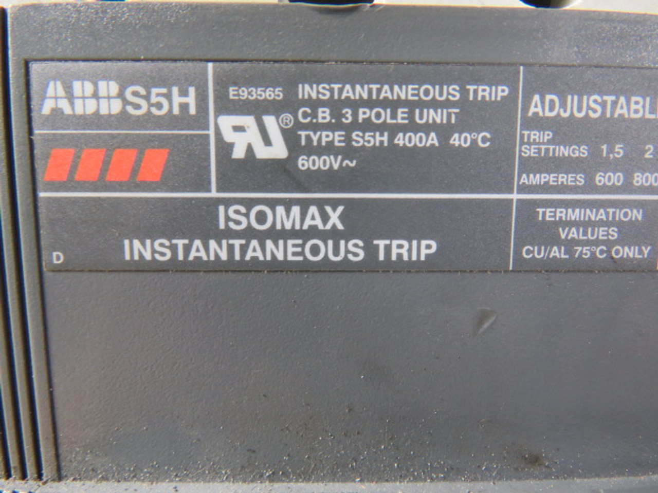 ABB S5H Instant Circuit Breaker 400A 600VAC 3P COSMETIC DAMAGE USED