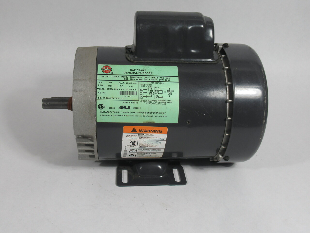 US Motors T34C1JC 3/4HP 3450RPM 115/208-230V 56C TEFC 1Ph 60Hz USED