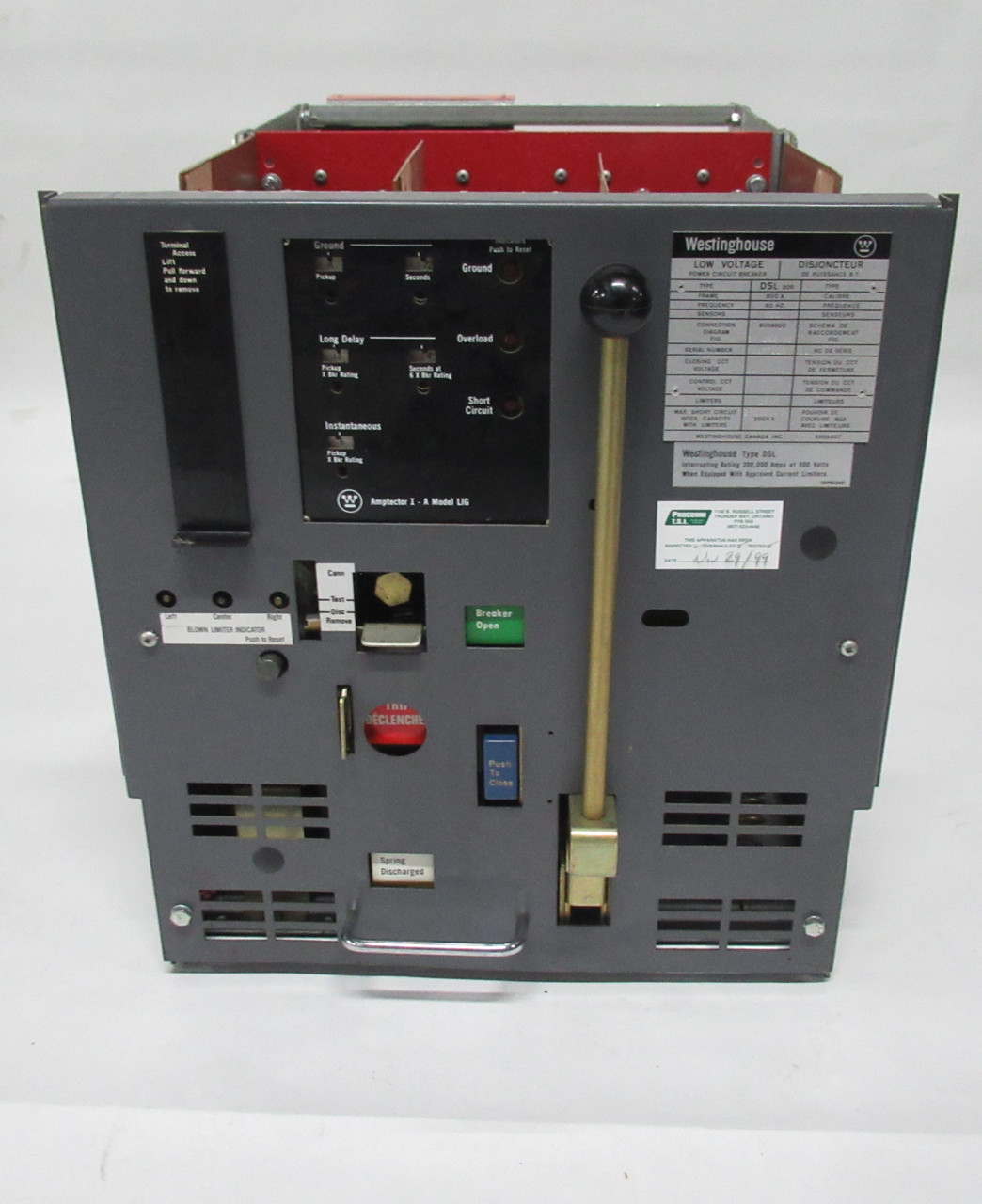 Westinghouse DSL-206 Air Circuit Breaker 800A 60Hz 600V 3-Pole USED