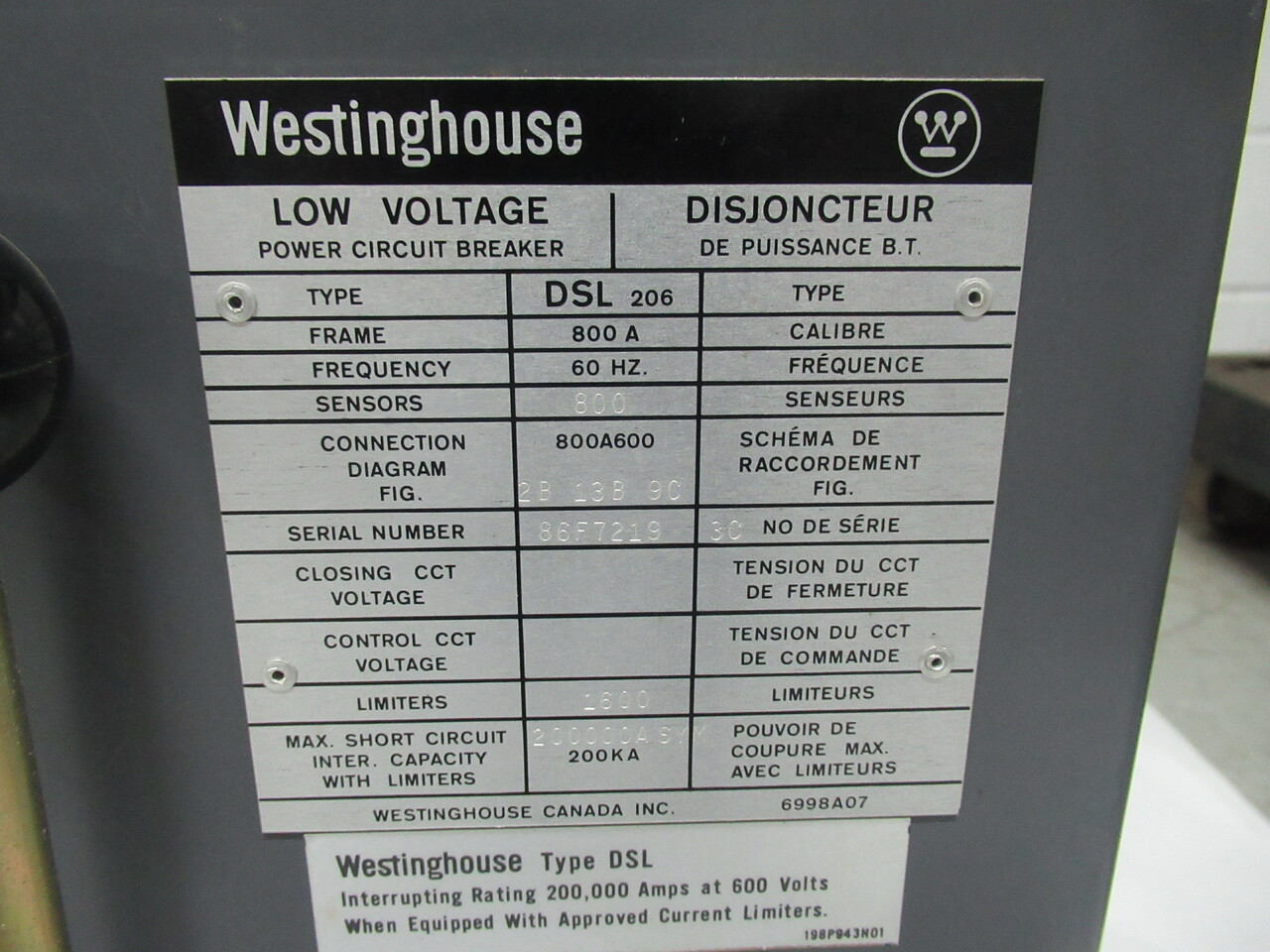 Westinghouse DSL-206 Air Circuit Breaker 800A 60Hz 600V 3-Pole USED