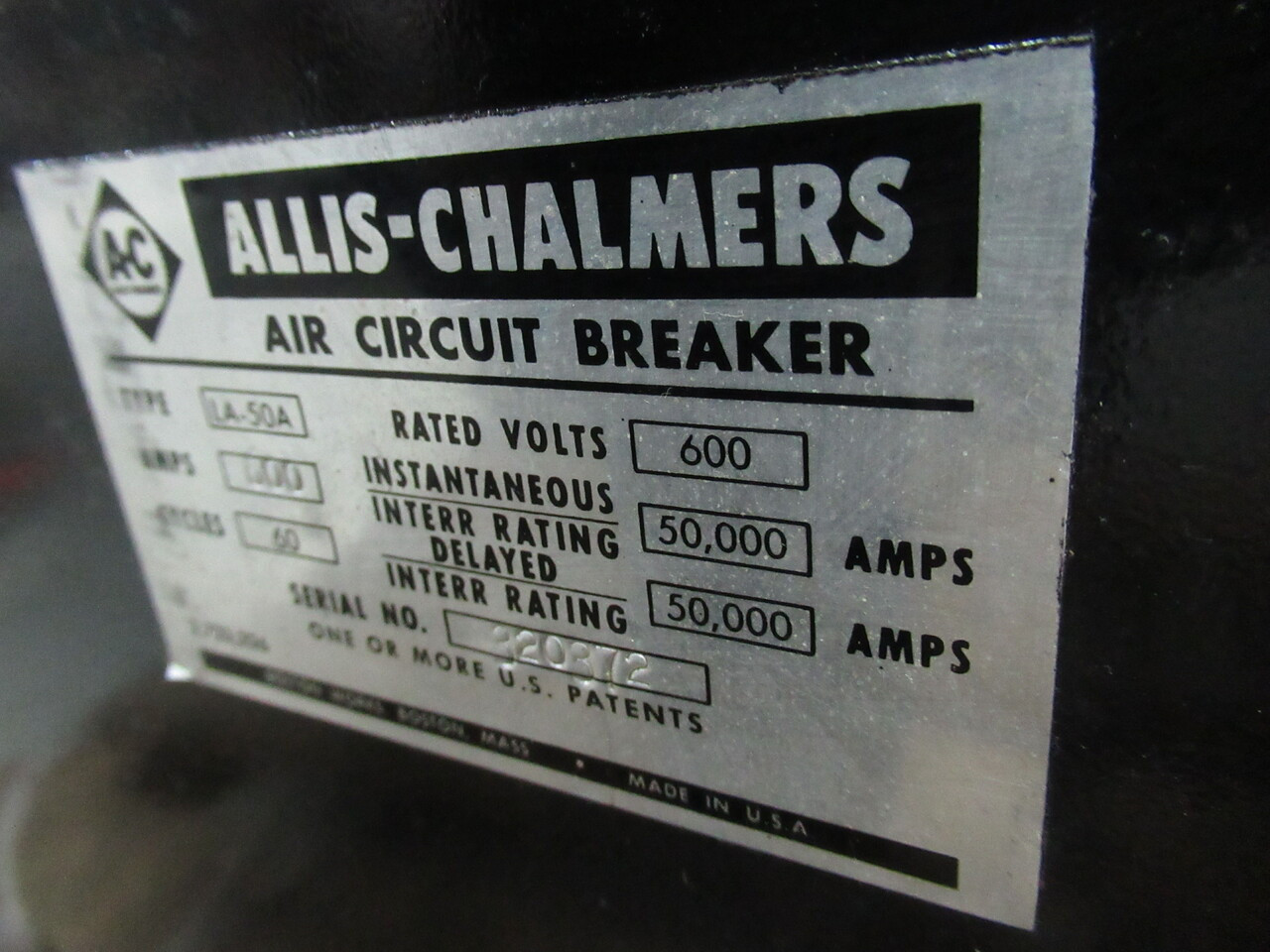 Allis-Chalmers LA-50A Air Circuit Breaker 600A 600V 3-Pole C/W AC-Pro USED