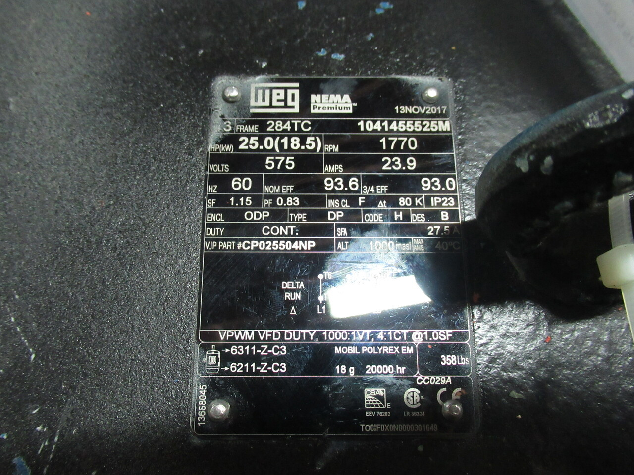 Grundfos 27-5012A-1A0261-1862P C/W WEG 25HP 1770RPM 575V 284TC OPD 23.9A USED