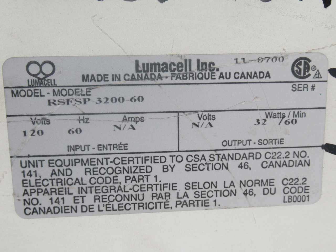 Lumacell INC RSFSP-3200-60 Emergency Lighting 120V 60HZ 32W USED