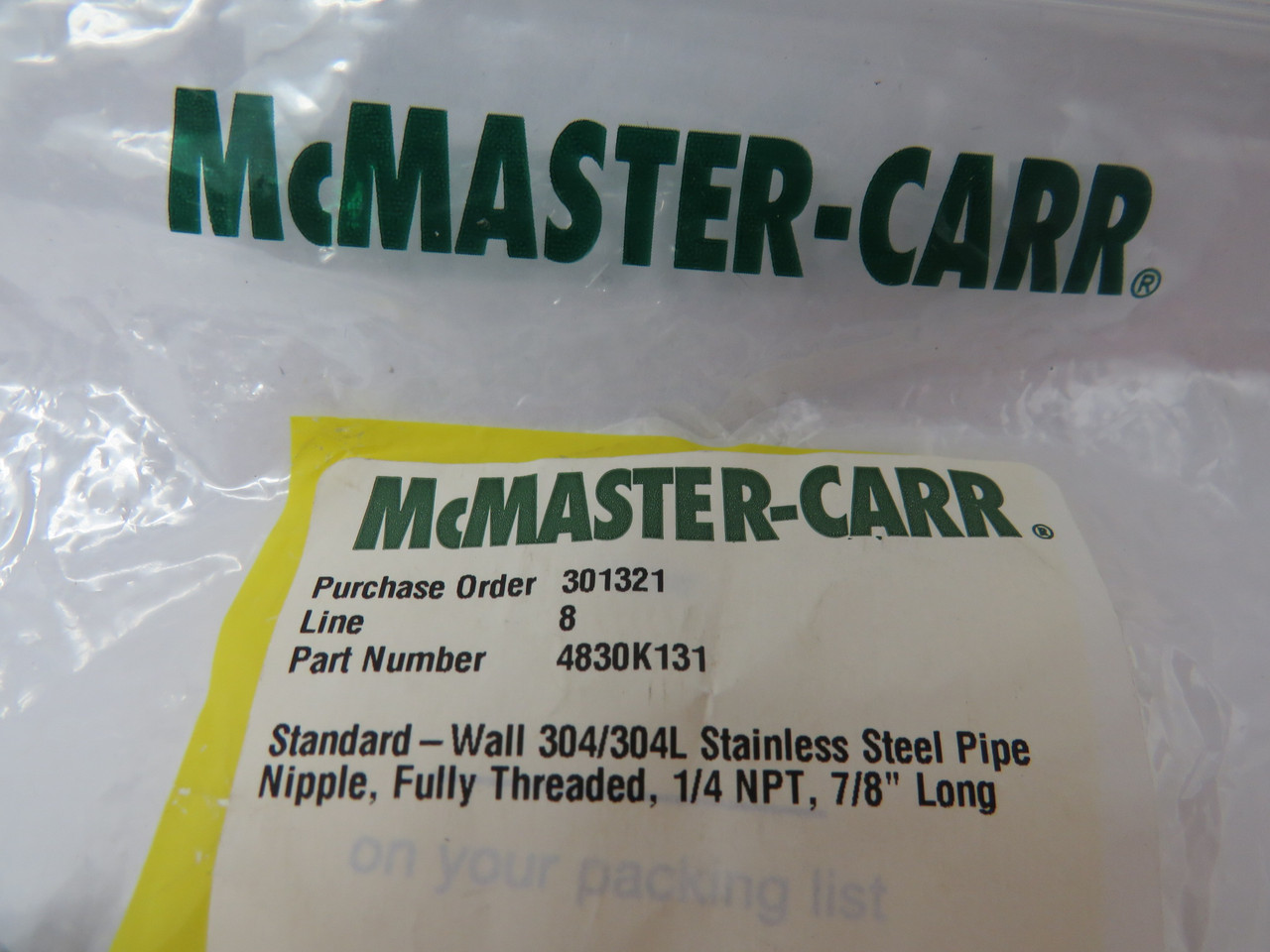 McMaster-Carr 4830K131 Standard SS Pipe Nipple 1/4 NPT 7/8" NPT Lot of 9 NWB